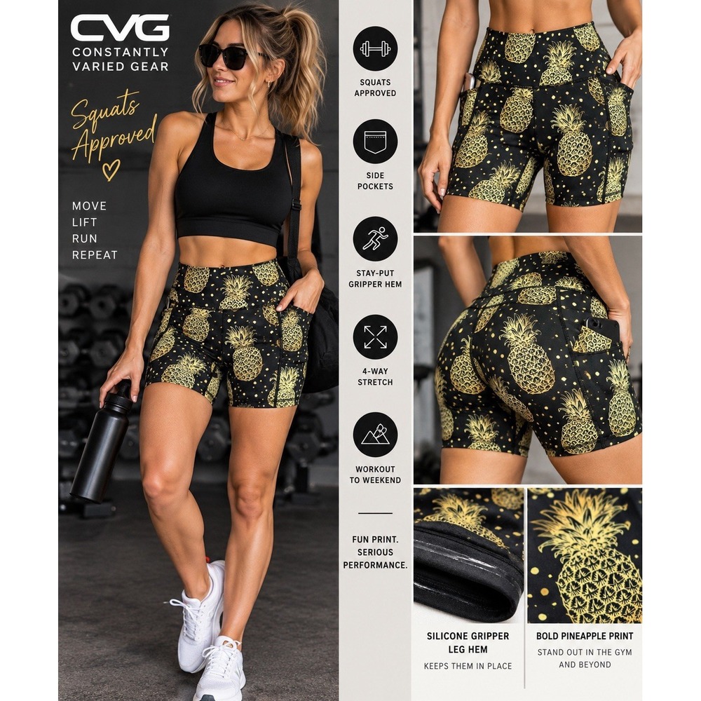 ๐CVG Constantly Varied Gear Womens L Pineapple Biker Shorts Pockets Gripper Leg